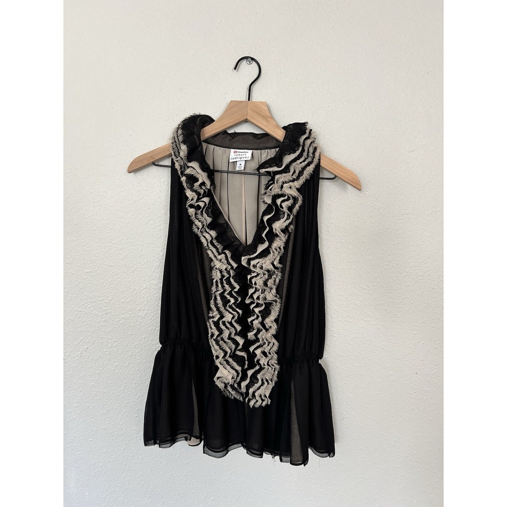 Neiman Marcus Robert Rodriguez Ruffle Front Black Peplum Top Y2K Preppy Medium